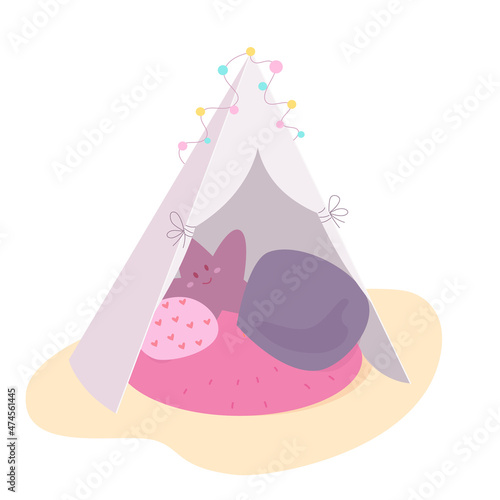 Empty blanket fortress, tent or homemade teepee at home, cute tipi with toy and pillows