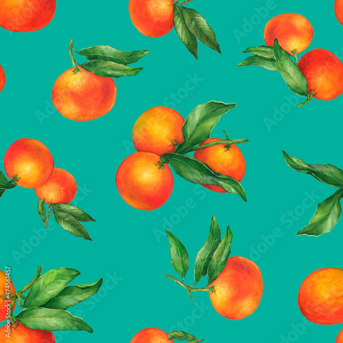 Seamless pattern with mandarin orange (Citrus reticulata) on twigs with green leaves (mandarine, tangerine, clementine). Watercolor hand drawn painting illustration isolated on green background.