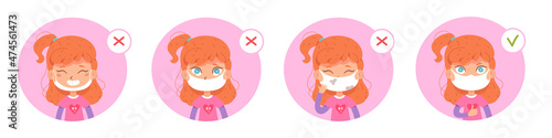 Girl wear protective face mask with proper and wrong way set of medical infographics