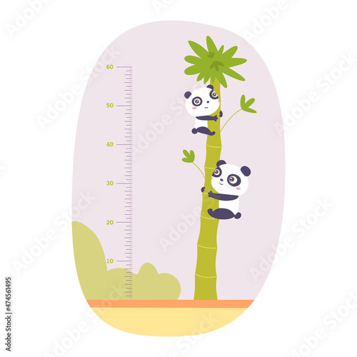 Height measuring scale for kid with pandas on bamboo tree, baby growth meter with scale in inches