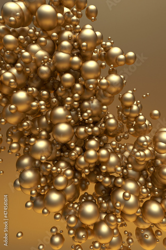 3D golden liquid beautiful bubbles floating in air. Concept for holiday template. Vertical design, festive gold poster © asauriet