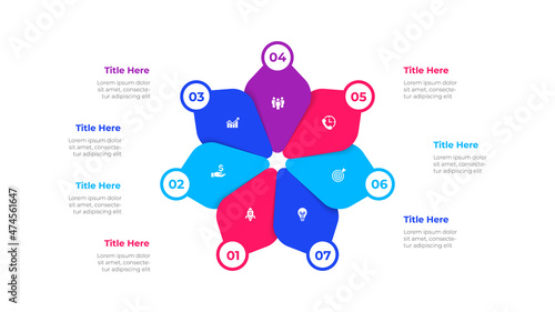 Abstract diagram divided into 7 segments. Concept of seven options of business project management. Vector illustration for data analysis visualization.