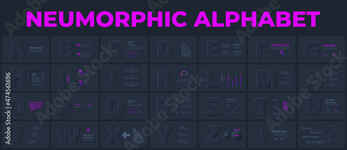 Dark neumorphic letters and numbers slides with infographic elements. Vector presentation for your typography design.