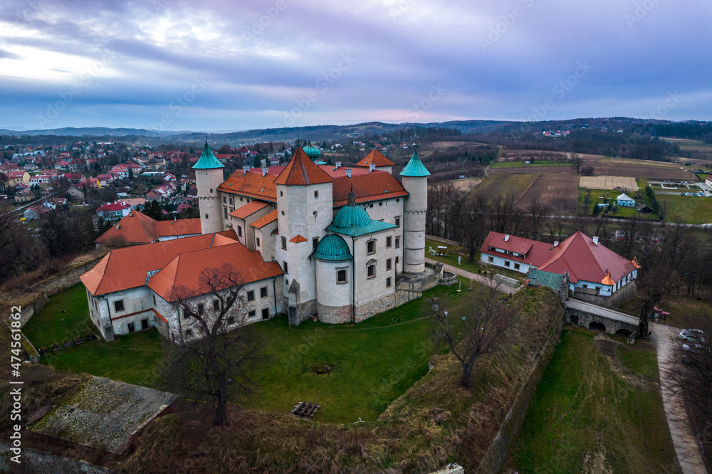 Obraz premium Castle in Nowy Wisnicz, Lesser Poland. Aerial Drone View