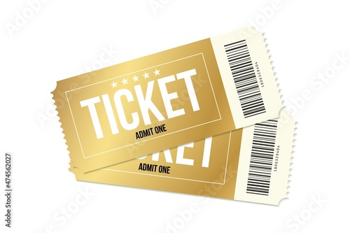 Two cinema golden tickets. Gold movie or theatre coupons. Two realistic vector ticket template