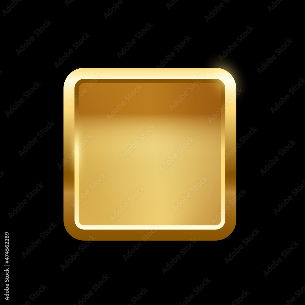 Gold rounded square button with frame, 3d golden glossy elegant design for empty emblem Gold rounded square button with frame, 3d golden glossy elegant design for empty emblem