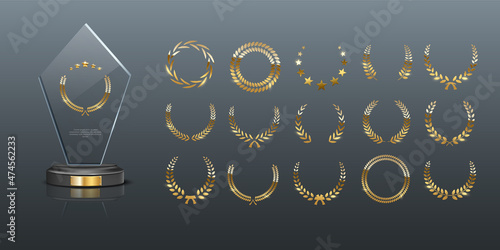 Glass award with gold laurel wreath, 3d realistic acrylic mockup prize for winner