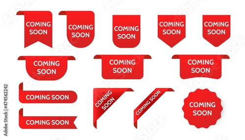Coming soon promo labels. Red ribbons. Vector bage and banners