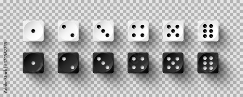 Obraz na plátně Dice game with white and black cubes, 3d realistic gambling objects to play in c