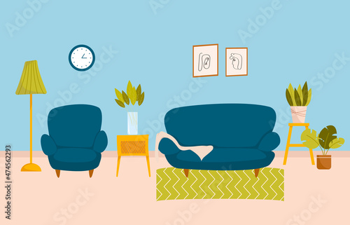 Living room interior set with sofa, armchair, tea table, floor lamp and ottoman. Vector cartoon collection of furniture isolated on white background. Flat style vector illustration.