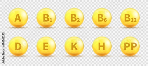 Vitamin golden capsules. Realistic 3d gold bubbles. Vector multivitamin pills