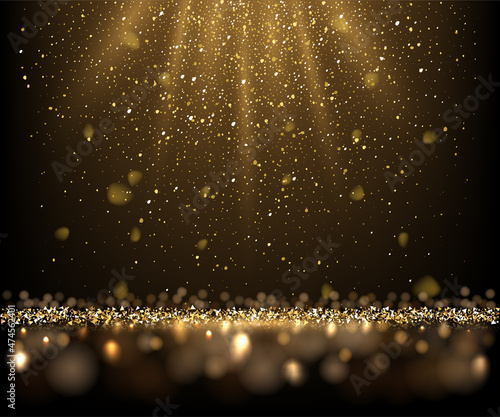 Golden glitter and sparkles in sun rays background. Yellow lines in shiny light vector illustration. Bright dust sparkling on black wallpaper design. Christmas or holiday card decoration