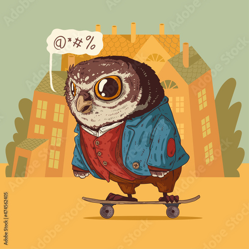 Furious owl skateboarder, vector illustration. Furry artwork. Mad cursing anthropomorphic owl, riding a skateboard against buildings' silhouettes. Animal character with human body. Creative placard