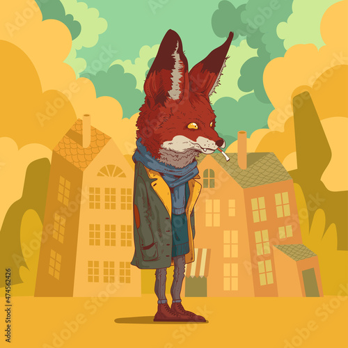 Smocking hipster fox, vector illustration. Furry artwork. Calm anthropomorphic fox, smoking a cigarette and standing against buildings' silhouettes. Animal character with human body. Creative placard