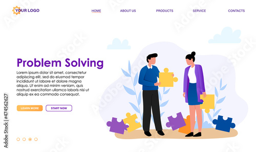 Man and woman connecting puzzle pieces  help each other  collaborate together  find solution. Business metaphor of teamwork make task. Problem solving abstract concept. Flat vector illustration