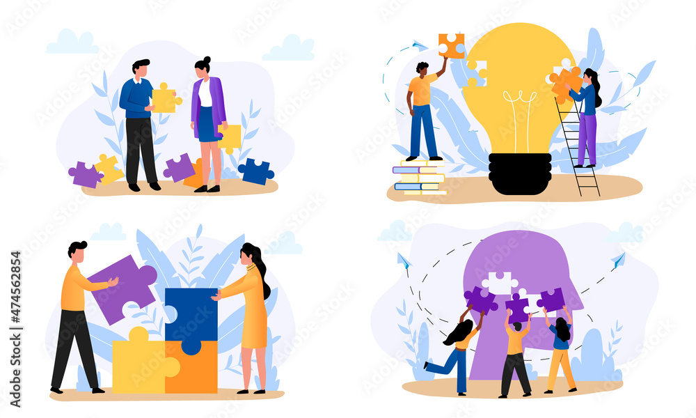 People connecting puzzle pieces, help each other, collaborate together, find solution. Business metaphor of teamwork make task. Problem solving abstract concept. Flat vector illustration