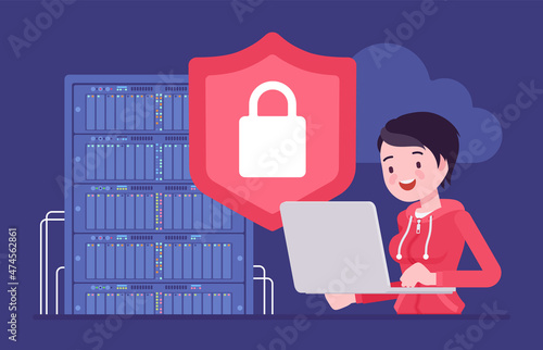 Data center server, cloud security, system administrator working with database. Female sysadmin, admin busy to install, upgrade computer component, software. Vector flat style cartoon illustration