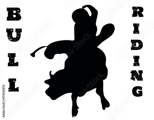 Black and white vector flat illustration: Bull riding rodeo discipline