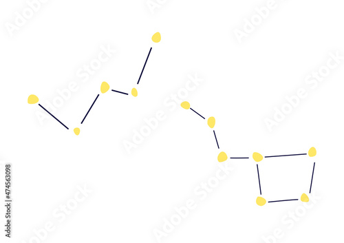 Vector cosmic minimalistic constellations Cassiopeia and Ursa Major. Illustration in trending colors in flat style isolated on white background, suitable for decorating products for kids