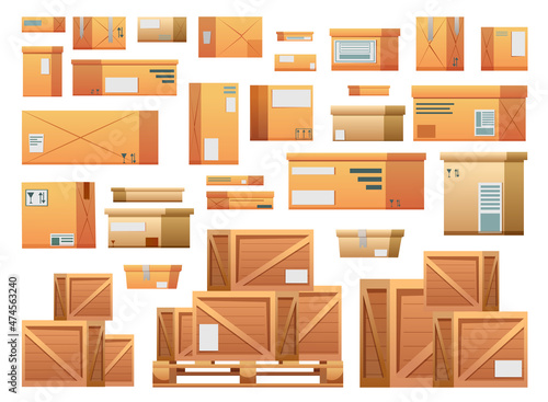 Isolated cardboard, wooden boxes on white background. Different size cargo, goods cartons of shipping, relocate, transport, storage. Postal, delivery box with post stamp, sticker. Vector illustration