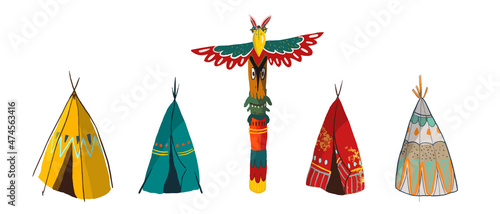 Indian tent or wigwam. Dwelling of north nations of Canada, Siberia, North America. Leather House. Flat vector Illustration on a white background. photo