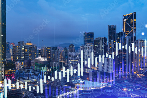 Photography Stock market graph hologram, night panorama city view of Kuala Lumpur