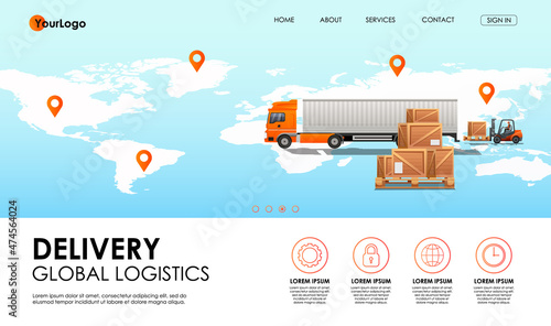Intercontinental cargo transportation concept. Man in forklift loads wooden boxes in truck. Delivery points on world map. Global logistics network. Order tracking, navigation app. Vector illustration