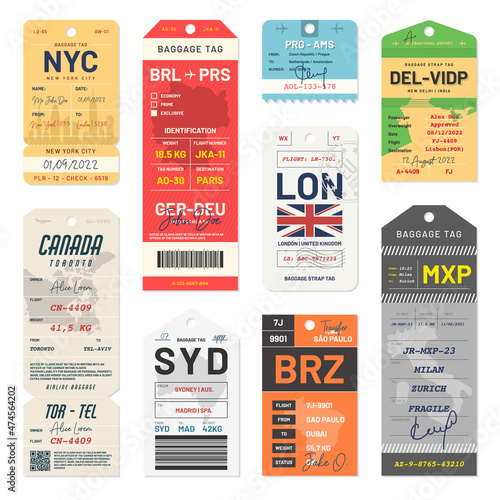 Baggage tags and travel tags. Luggage tags and labels for airport passengers. Set of luggage labels and stickers for travelers