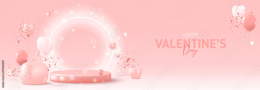 Happy Valentine s Day holiday banner. Greeting background with abstract 3d composition for Valentine s Day. Vector illustration with hearts, balloons and confetti on podium with neon circle. - obrazy, fototapety, plakaty 