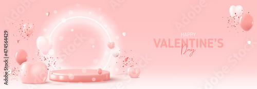 Happy Valentine s Day holiday banner. Greeting background with abstract 3d composition for Valentine s Day. Vector illustration with hearts, balloons and confetti on podium with neon circle.
