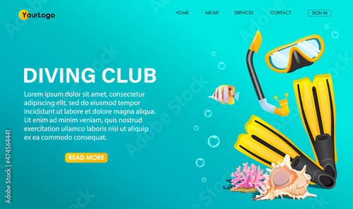 Yellow flippers or fins, underwater mask, coral, tropical fish, seashell, bubbles on blue background. Underwater snorkeling equipment. Scuba diving club banner, poster, billboard. Vector illustration