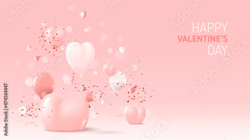 Happy Valentine s Day festive banner. Holiday background with abstract 3d composition for Valentine s Day. Vector illustration with hearts, balloons and confetti on pink background.