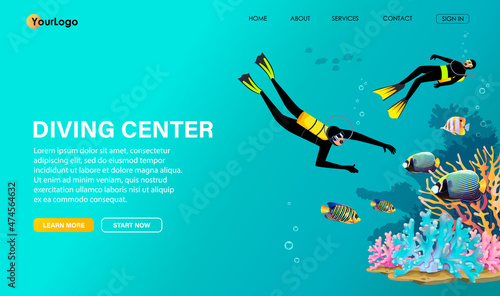 Divers with aqualungs in special underwater equipment explore beautiful coral reef, look colorful fishes. Oxygen tank, mask, flippers on swimming frogman. Scuba diving club banner. Vector illustration