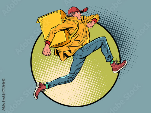 Courier food delivery runs fast, service online store or restaurant