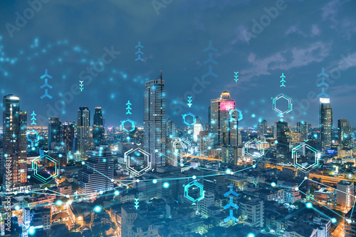 Wallpaper Mural Information flow hologram, night panorama city view of Bangkok. The largest technological center in Southeast Asia. The concept of programming science. Double exposure. Torontodigital.ca