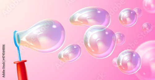 Blowing soap bubbles. Realistic childish play. Flying isolated transparency balls. Blow ring and shampoo iridescent rainbow light 3D spheres. Baby game with foamy liquid. Vector concept