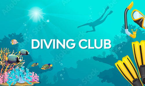 Yellow flippers, fins, underwater mask, snorkel, coral, tropical fish, seashell on blue background. Swimming diver shadow on backdrop. Scuba diving club banner, poster, billboard. Vector illustration