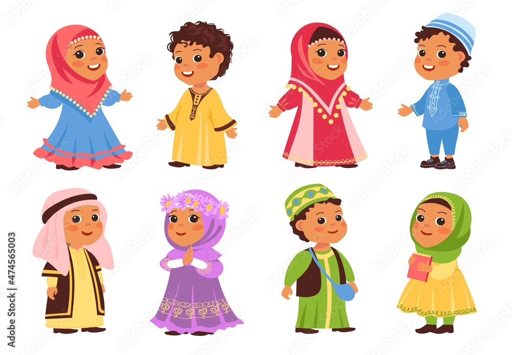 Muslim kids. Funny Arab boys and girls in traditional clothes. Happy little Islamic children national outfit. Young people wear hijab or skullcap. Vector persons set in Arabian clothing