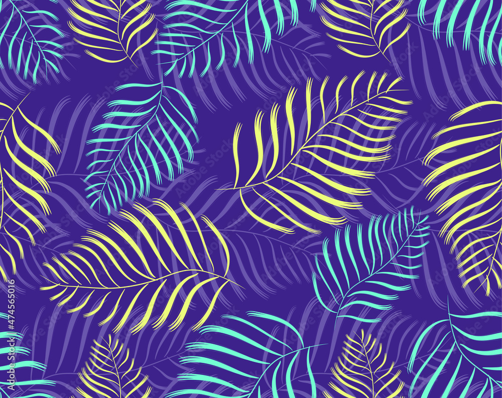 Floral seamless pattern, blu and yellow leaves on a dark violet background. Vector. Fashionable design for textiles, fabric, wallpaper, paper.