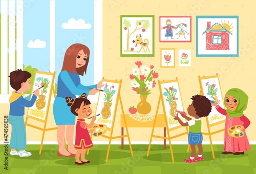Kids drawing class with teacher. Painting workshop. Art school students. Artistic kindergarten. Multinational boys and girls group at easels. People study in classroom. Vector concept