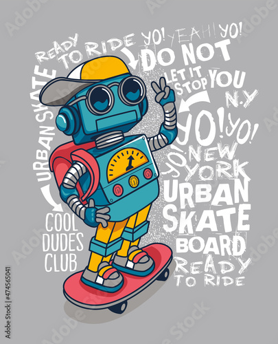 funny skateboarder robot vector design for t shirt