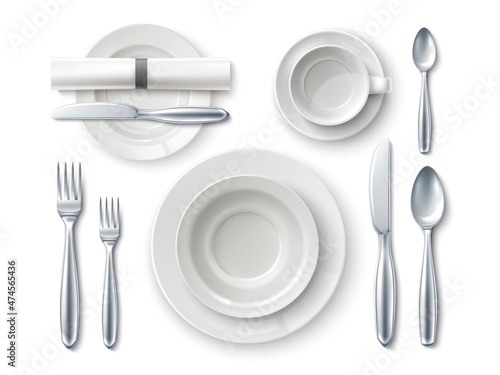 Realistic table setting. Top view restaurant serving. Etiquette rules. Different types of plates. Silverware arrangement order. Metal spoons, knives and forks. Vector 3D utensil set