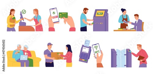 Payment methods. Different shopping types. People make purchases and pay for services. Banking app various options. Money transactions. Credit cards. Vector financial transfers set