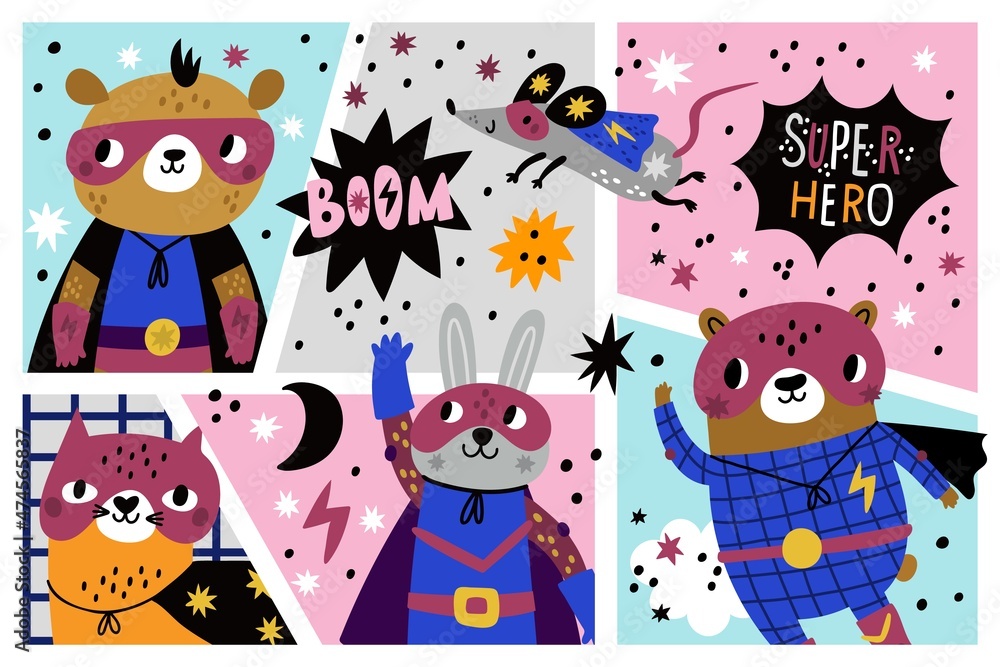 Comic frames with animals superheroes. Cute cartoon characters in masks