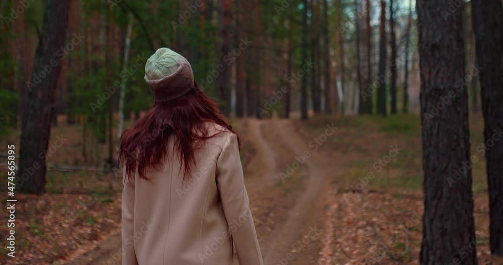 Woman in a coat walks along a forest road, a beautiful forest landscape. Tall trunks of coniferous trees, the road goes into the distance. Woman walks on a cool autumn day in the forest. View from the Woman in a coat walks along a forest road, a beautiful forest landscape. Tall trunks of coniferous trees, the road goes into the distance. Woman walks on a cool autumn day in the forest. View from the