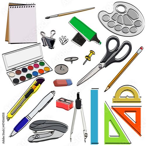 Stationery set. For school and office. Pen, pencil, notebook, rulers, sharpener, paper clip, paints, brush, marker, palette, compasses, stapler.