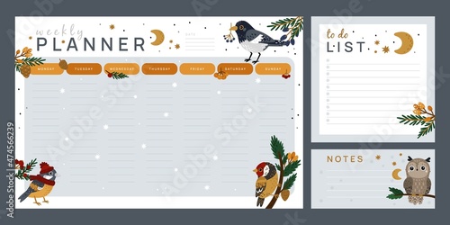 Birds to do list. Weekly planner and notes with cute winter magpie. Forest owl and titmouse on coniferous branches with cones or berries. Week schedule organizer. Vector reminder pages set
