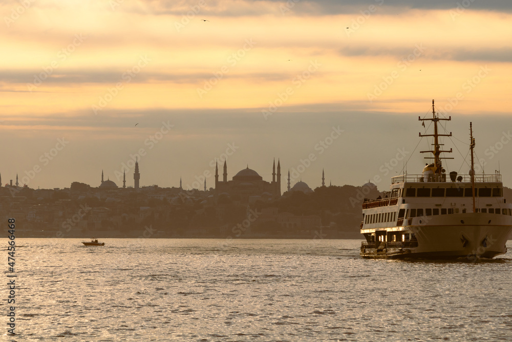 Hagia Sophia. Hagia Sophia and Ferry at sunset from Kadikoy