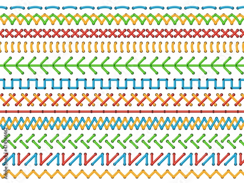 Embroidery stitches. Color decorative seams, seamless borders, ethnical sewing rows, lines pattern, needlework and ornaments, textile and fabric decoration vector isolated set