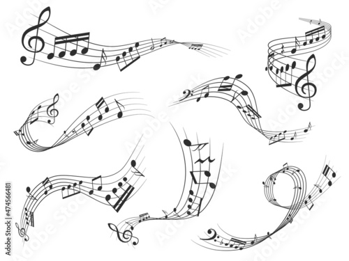 Music notes bearer flows. Wavy note key compositions. Melody scale dark swirling silhouettes. Musical cipher. Curve lines. Piano tune signature. Vector harmony graphic elements set